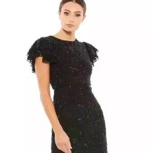 MAC DUGGAL 10771 Hand Beaded Flounce Sleeve High Neck Midi Dress Midnight 8 NEW
